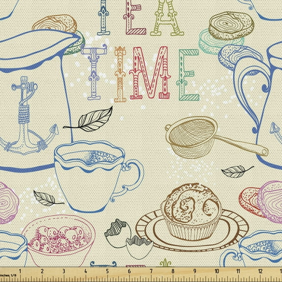 Ambesonne Tea Party Fabric by the Yard Upholstery, Kitchenware Sweets, 1 Yard, Multicolor