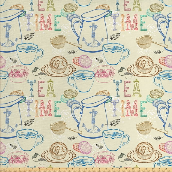 Tea Party Fabric by the Yard, Pale Colored Tea Time Themed Image with Various Kitchenware and Sweets Pattern, Decorative Upholstery Fabric for Sofas and Home Accents, Multicolor by Ambesonne