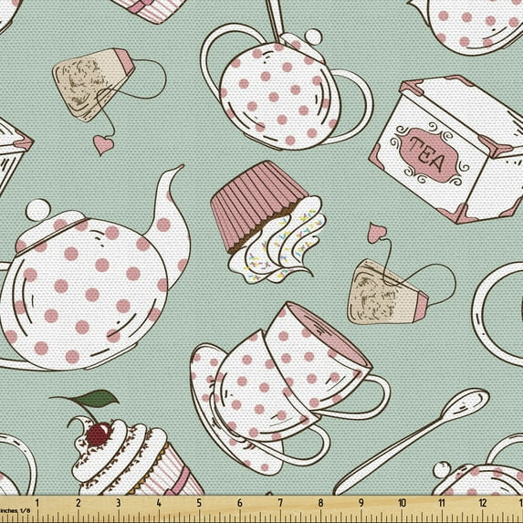 Ambesonne Tea Party Fabric by the Yard Upholstery, Dotted Pots and Cups, 10 Yards, Almond Green Coral