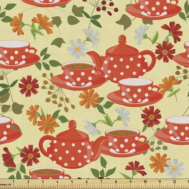 Ambesonne Tea Party Fabric by the Yard Upholstery, Pots Cups on Flowers, 5 Yards, Multicolor