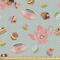 Ambesonne Tea Party Fabric by the Yard Upholstery, Flowers and Cupcakes, 3 Yards, Multicolor