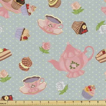 Ambesonne Tea Party Fabric by the Yard Upholstery, Flowers and Cupcakes, 3 Yards, Multicolor
