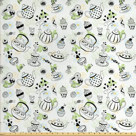 Ambesonne Tea Party Fabric by the Yard Upholstery, Doodle Hearts, 2 Yards, Black White Green