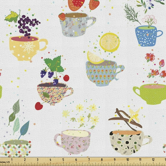 Tea Party Fabric by the Yard Upholstery, Watercolor Style Various Sorts of Cups with Lemon Slices Fruits and Flowers, Decorative Fabric for DIY and Home Accents, Multicolor by Ambesonne