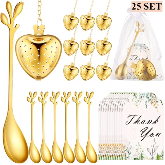 Tea Party Favor Set25Sets Gold Tea Infuser Bulk with Dessert Spoons, Thank You Cards & Organza Bags-Wedding Favors for Guests, Bridal Shower Favors for Guests, Tea Party Supplies