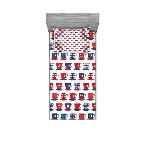 Tea Party Fitted Sheet & Pillow Sham Set, Britain Themed Teacup Forms Patterned Union Jack Hearts Flags, Decorative Printed 4 Piece Bedding Decor Set, Twinxl, Vermilion Night Blue, by Ambesonne