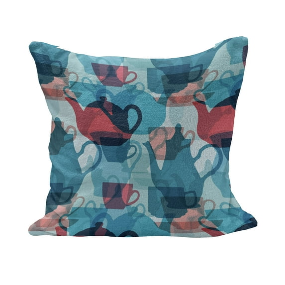 Tea Party Fluffy Throw Pillow Cushion Cover, Crockery Composition Abstract Overlapping Silhouettes Teapot and Cups, Decorative Square Accent Pillow Case, 24" x 24", Dark Coral Pale Blue, by Ambesonne