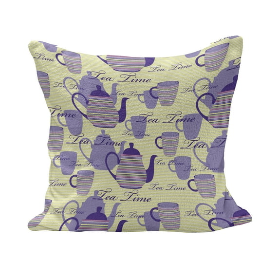 Tea Party Fluffy Throw Pillow Cushion Cover, Striped Teapots Cups Silhouettes Classical Calligraphy Pattern, Decorative Square Accent Pillow Case, 18" x 18", Pale Yellow Lavender, by Ambesonne