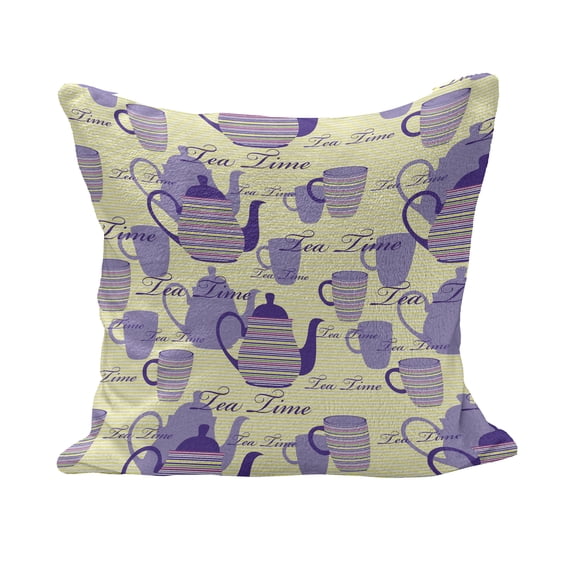 Tea Party Fluffy Throw Pillow Cushion Cover, Striped Teapots Cups Silhouettes Classical Calligraphy Pattern, Decorative Square Accent Pillow Case, 16" x 16", Pale Yellow Lavender, by Ambesonne