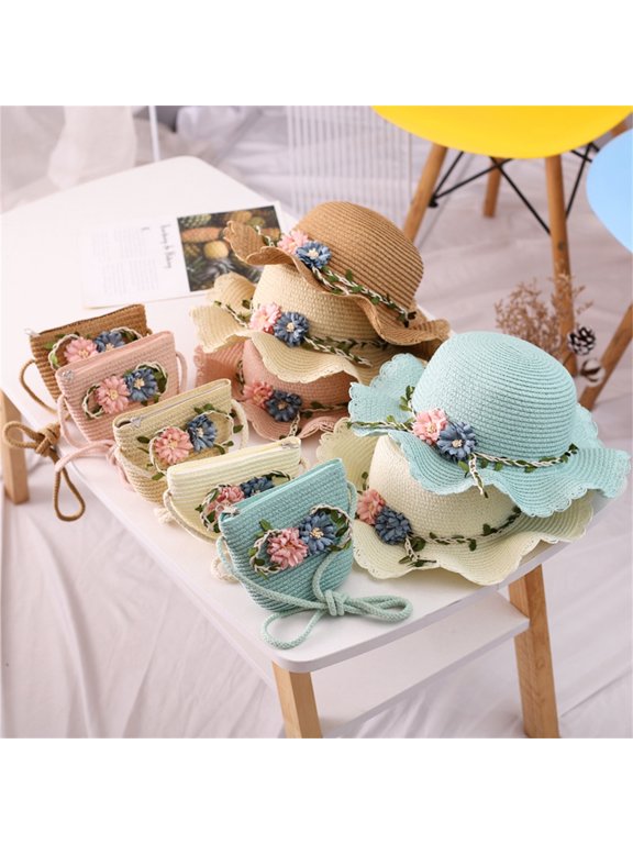 Tea Party Hat Easter Children Girls Flower Sunscreen Sunshade Hat Straw Beach Sun Hat + Straw Bag