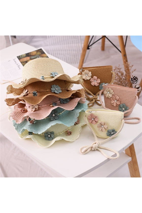 Tea Party Hat Easter Kids Children Girls Flower Lovely Sunshade Hat Straw Beach Sun Hat + Straw Bag