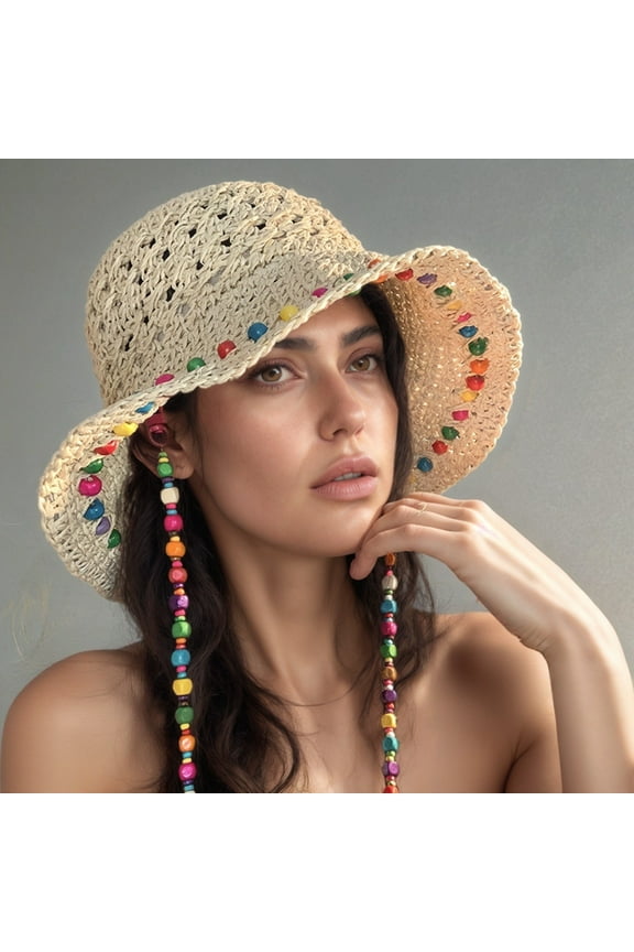 Tea Party Hat Easter Summer Sun Hats for Women Men Wide Brim Beach Hat Outdoor Straw Hat With Colorful Wooden Beads for Travel Gardening
