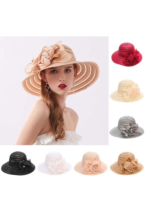 Tea Party Hat Easter Women's Fashion Wide Brim Sun Hat With Lace Flower Detail Foldable Beach Cap Summer Outdoor Hat