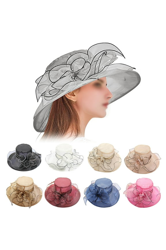 Tea Party Hat for Women, Organza Fancy Church Hat Cap Wide Brim Summer Sun Hat for Party Wedding