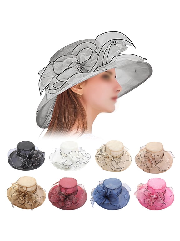 Tea Party Hat for Women, Organza Fancy Church Hat Cap Wide Brim Summer Sun Hat for Party Wedding