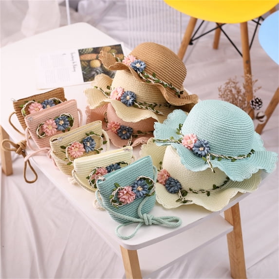 Tea Party Hats for Girls Easter Children Girls Flower Sunscreen Sunshade Hat Straw Beach Sun Hat + Straw Bag