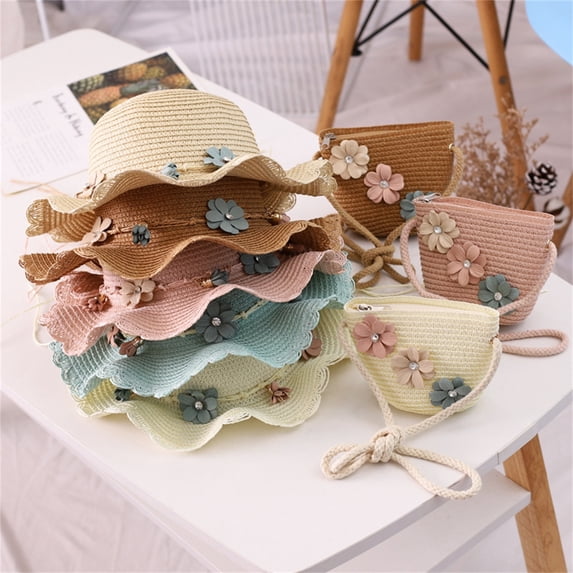 Tea Party Hats for Girls Easter Kids Children Girls Summer Flower Sunshade Hat Straw Beach Sun Hat + Straw Bag