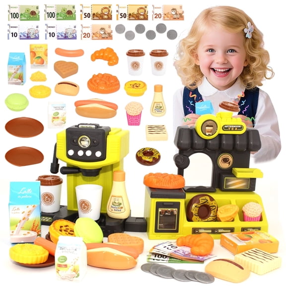 Pretend Play Store Coffee Maker Playset, Kids Cash Register Toy, Kitchen Toy for 3 4 5 6 Boys Girls Kids, Kids Tea Set
