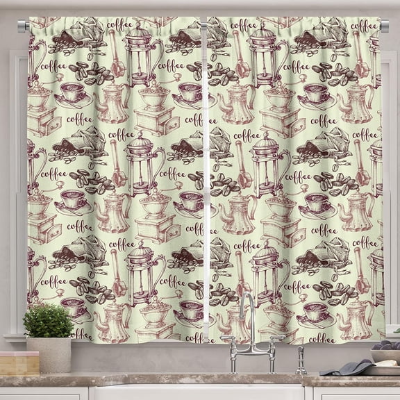 Tea Party Kitchen Curtains, Coffee Beans with Old Espresso Machine in Sketch Hand Drawn Pattern Image, Window Drapes 2 Panel Set for Kitchen Cafe Decor, 55" X 39", Rose Ivory