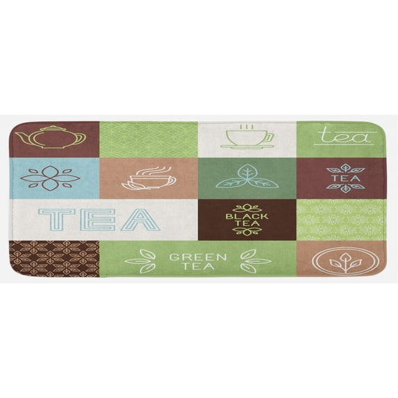 Tea Party Kitchen Mat, Checkered Tea Themed Images Geometrical Soft Colored Minimalist, Plush Decorative Kitchen Mat with Non Slip Backing, 47" X 19", Green Brown Blue, by Ambesonne