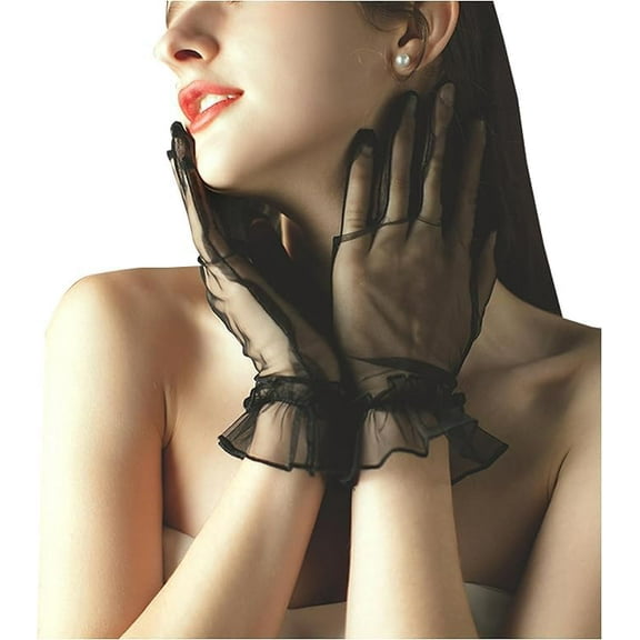 Tea Party Lace Gloves, Women Ruffled Tulle Mesh Gloves, Wedding Party Short Prom Evening Gloves