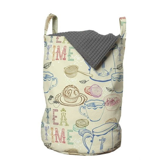 Tea Party Laundry Bag, Pale Colored Tea Time Themed Image with Various Kitchenware and Sweets Pattern, Basket with Handles Drawstring Closure for Laundromats, 13" x 19", Multicolor, by Ambesonne
