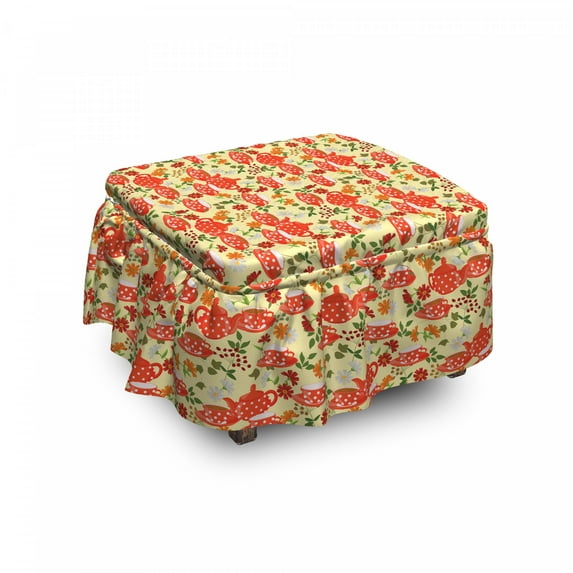 Tea Party Ottoman Cover, Pots Cups on Flowers, 2 Piece Slipcover Set with Ruffle Skirt for Square Round Cube Footstool Decorative Home Accent, Standard Size, Multicolor, by Ambesonne