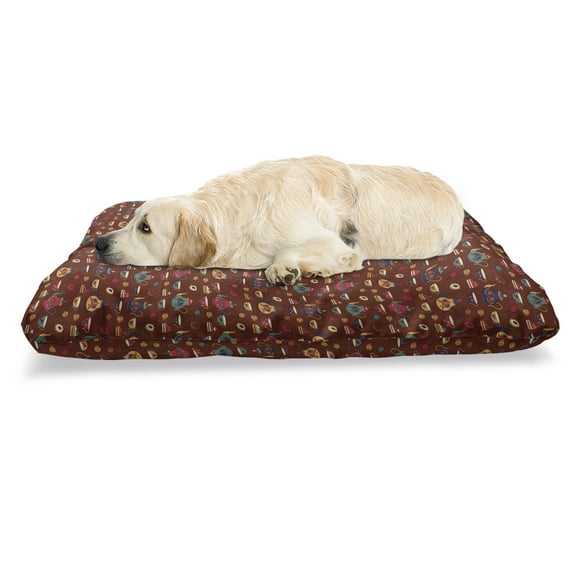 Tea Party Pet Bed, Vintage British Tea Ceremony Porcelain Print Pots Rhythmic Print, Resistant Pad for Dogs and Cats Cushion with Removable Cover, 24" x 39", Redbrown and Multicolor, by Ambesonne