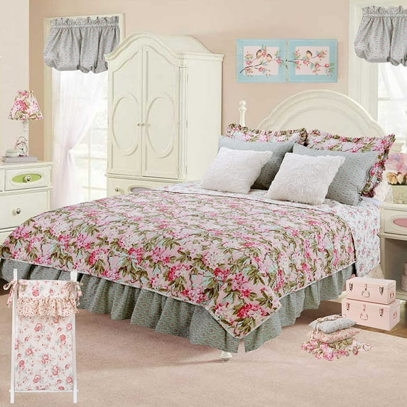 Tea Party Pink Blue Green Garden Floral Country Shabby Chic Cotton 2 Piece Twin Reversable Quilt Bedding Set by Cotton Tale Designs