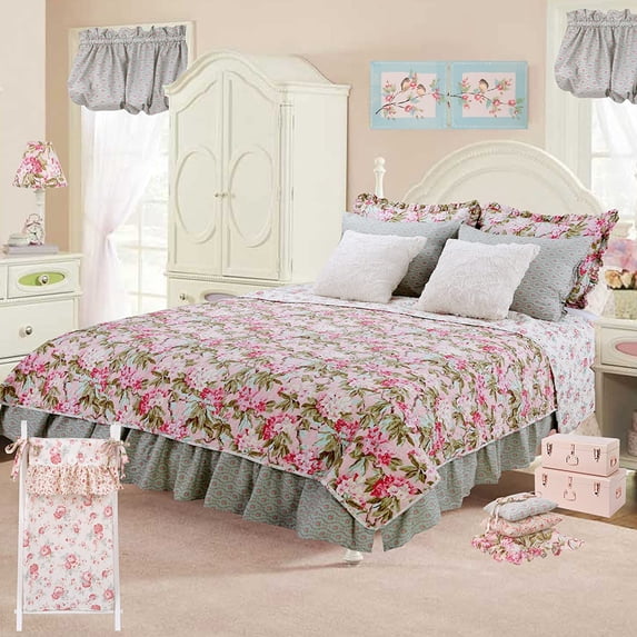 Tea Party Pink Blue Green Garden Floral Country Shabby Chic Cotton 5 Piece Twin Reversable Quilt Bedding Set by Cotton Tale Designs