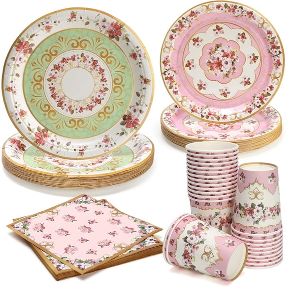 Tea Party Plates and Napkins Cups Fancy Paper Plates Round Disposable Tableware Set for Guest Gold Border Retro Gorgeous Picnic Wedding Party Supplies Decorations