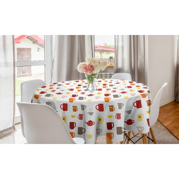 Tea Party Round Tablecloth, Colorful Coffee Cups and Tea Mugs Pattern Having a Hot Drink Kitchen Utensils, Circle Table Cloth Cover for Dining Room Kitchen Decor, 60", Multicolor, by Ambesonne