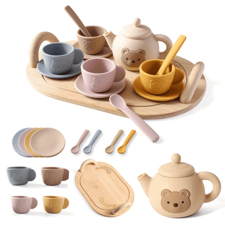 Tea Party Set for Little Girls 1-3 Kids Tea Set with Silicone Teapot Cups Coasters Carrying Scoop Wooden Tray, Kitchen Accessories Pretend Play for Girls Boys Age 3 4 5 (15 Pcs)
