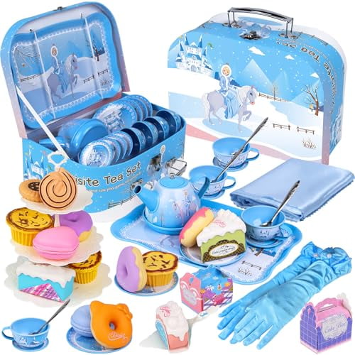 Tea Party Set for Little Girls,46Pcs Princess Tea Time Toy Including Dessert,Cookies,Doughnut,Teapot Tray Cake,Tablecloth,Gloves & Carrying Case,Kitchen Pretend Play for Girls Boys Age 3-6