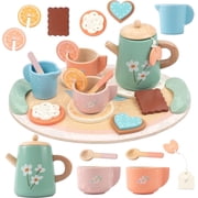 BUSY EDITION 16-Piece Wooden Tea Party Set for Toddlers 3-5 &ndash; Pretend Play Kitchen Accessories with Teapot, Cups, Coasters & Desserts