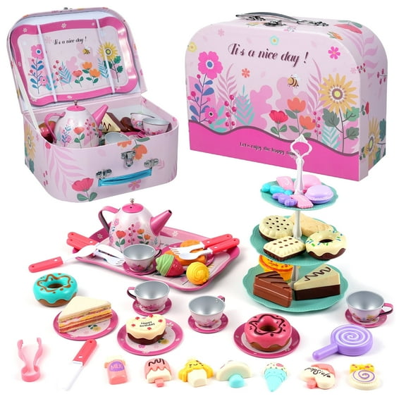 Tea Party Set for Little Girlstea party set, Princess Tea Time Toys Including Tea Set Dessert Carrying Case, Kids Kitchen Pretend Playset, Tea Set for Girls Birthday Toddler Gifts Age 3-6
