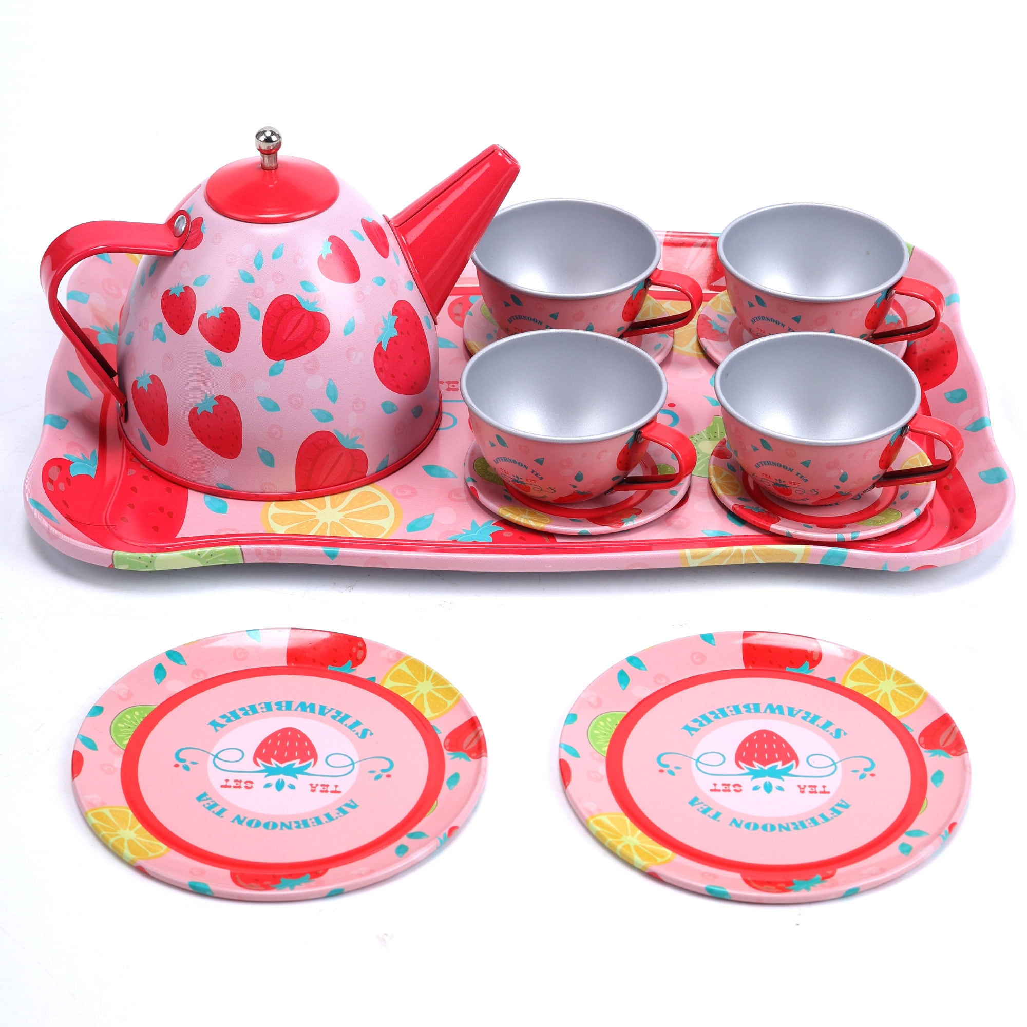 Tea Party Set for Girls Pretend Play Strawberry Tin Teapot Set Pink Tea