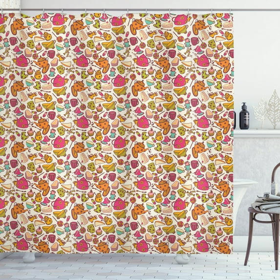 Tea Party Shower Curtain, Retro Style Kitchen Things Pattern Cups and Pots Delicious Cakes Colorful Candies, Fabric Bathroom Set with Hooks, 69W X 84L Inches Extra Long, Multicolor, by Ambesonne