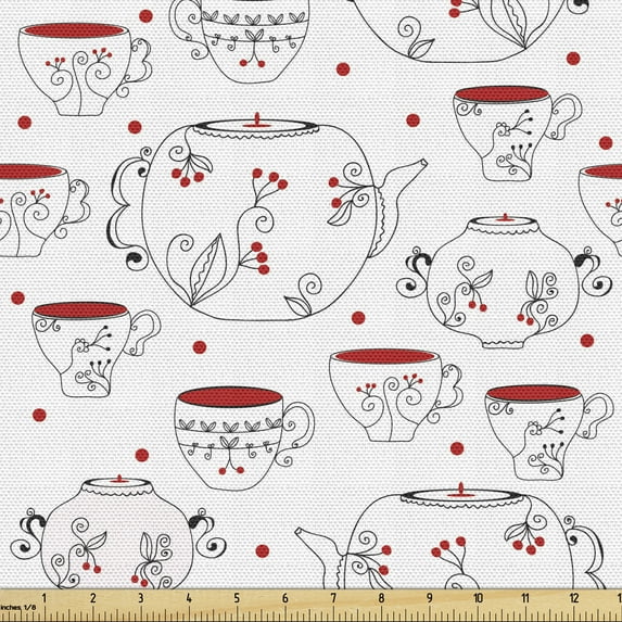 Ambesonne Tea Party Fabric by the Yard Upholstery, Doodle Style Crockery, 1 Yard, Red Black White