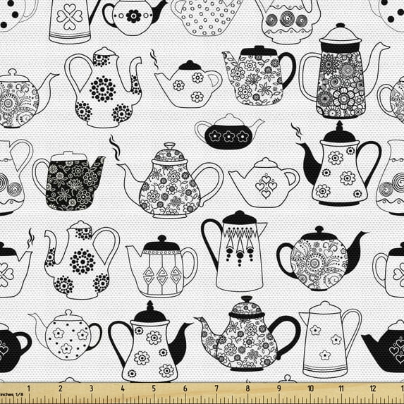 Ambesonne Tea Party Fabric by the Yard Upholstery, Timeless Teapots, 5 Yards, Black White