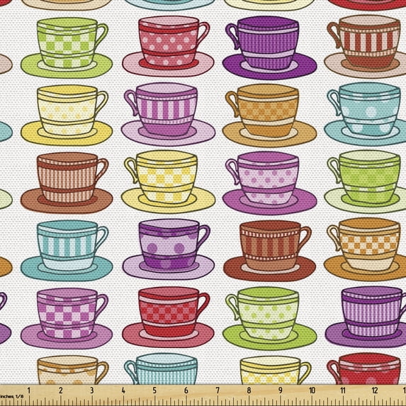 Ambesonne Tea Party Fabric by the Yard Upholstery, Colorful Cup Design, 1 Yard, Multicolor