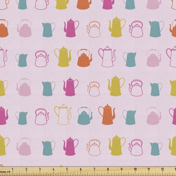 Tea Party Sofa Upholstery Fabric by the Yard, Teapots in Retro and Modern Style British Tradition Kitchen Drink Cafe Graphic, Decorative Fabric for DIY and Home Accents, Multicolor by Ambesonne