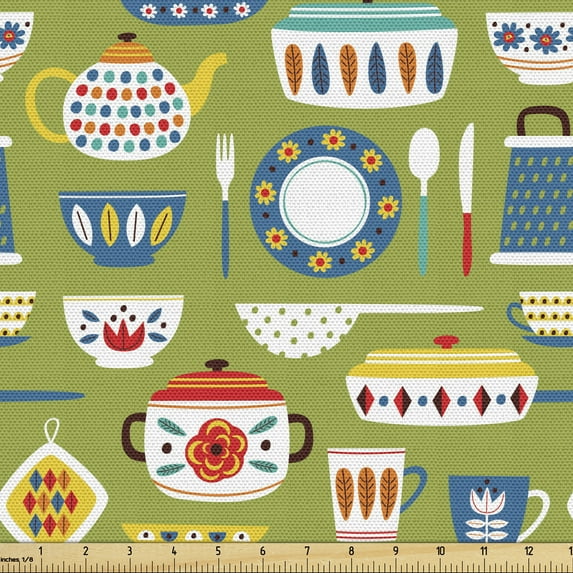Ambesonne Tea Party Fabric by the Yard Upholstery, Vintage Kitchen Supplies, 5 Yards, Multicolor