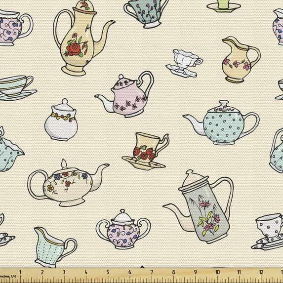 Ambesonne Tea Party Fabric by the Yard Upholstery, Vintage Floral Cups, 5 Yards, Multicolor