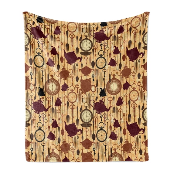 Tea Party Soft Flannel Fleece Blanket, Breakfast Time Items Teacup Forks Spoons Chain Together Victorian Style Print, Cozy Plush for Indoor and Outdoor Use, 60" x 80", Brown Redwood, by Ambesonne