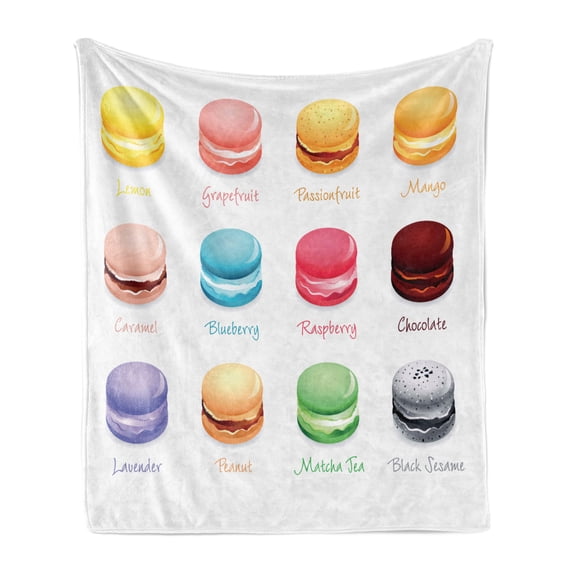 Tea Party Soft Flannel Fleece Blanket, Colorful French Macaron Cookies with Different Flavors Delicious Sweets Cuisine, Cozy Plush for Indoor and Outdoor Use, 50" x 70", Multicolor, by Ambesonne