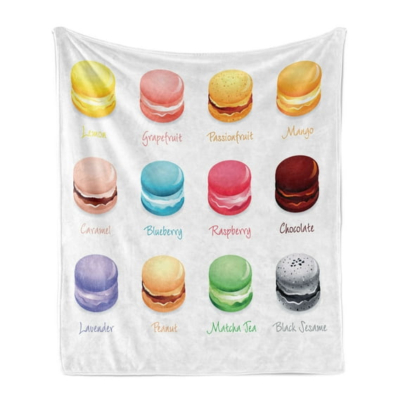 Tea Party Soft Flannel Fleece Blanket, Colorful French Macaron Cookies with Different Flavors Delicious Sweets Cuisine, Cozy Plush for Indoor and Outdoor Use, 60" x 80", Multicolor, by Ambesonne