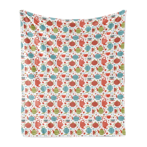 Tea Party Soft Flannel Fleece Blanket, Colorful Tea Party Illustration with Pots Cups Spoons on Colorful Dotted Pattern, Cozy Plush for Indoor and Outdoor Use, 50" x 60", Multicolor, by Ambesonne