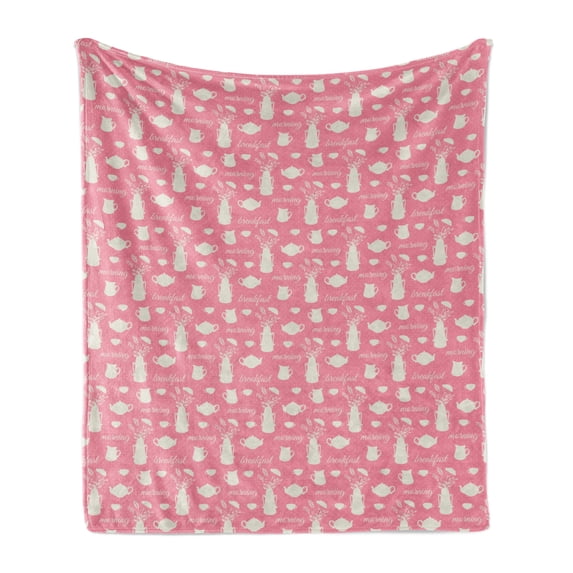 Tea Party Soft Flannel Fleece Blanket, Morning and Breakfast Lettering with Tea Pot and Cups on Polka Dots, Cozy Plush for Indoor and Outdoor Use, 60" x 80", Pastel Pink and Eggshell, by Ambesonne