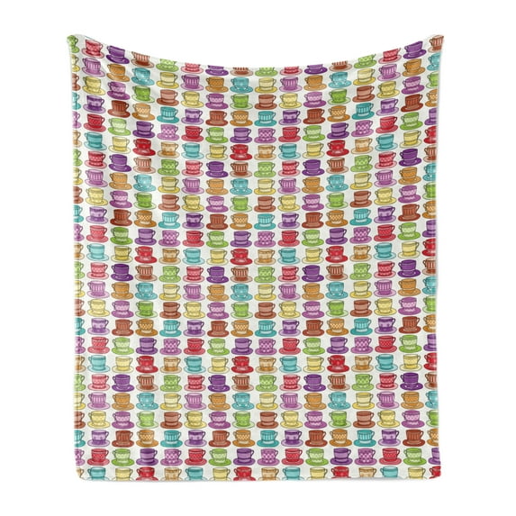 Tea Party Soft Flannel Fleece Blanket, Multicolored Teacup Design in Various Forms Squared Polka Dotted Striped Styles, Cozy Plush for Indoor and Outdoor Use, 50" x 60", Multicolor, by Ambesonne